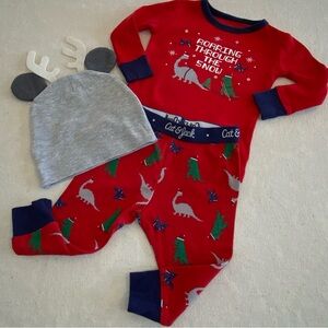 Cat & Jack Size 12 Mo Dinosaur Themed 2 Pc Christmas Pajamas with Antler Hat